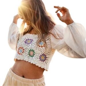 NWT Aerie Crochet Top Floral Puff Sleeves Cropped Size Large Boho Cottage
Core